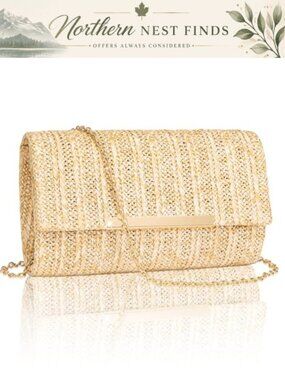 Woven Straw Clutch Handbag with Gold Chain Strap Envelope Evening Bag